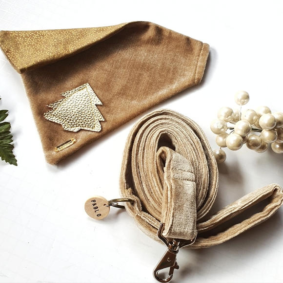 Pablo Gold Label Christmas Tan Velvet Dog Bandana & Leash Set - Picture 5 of 11